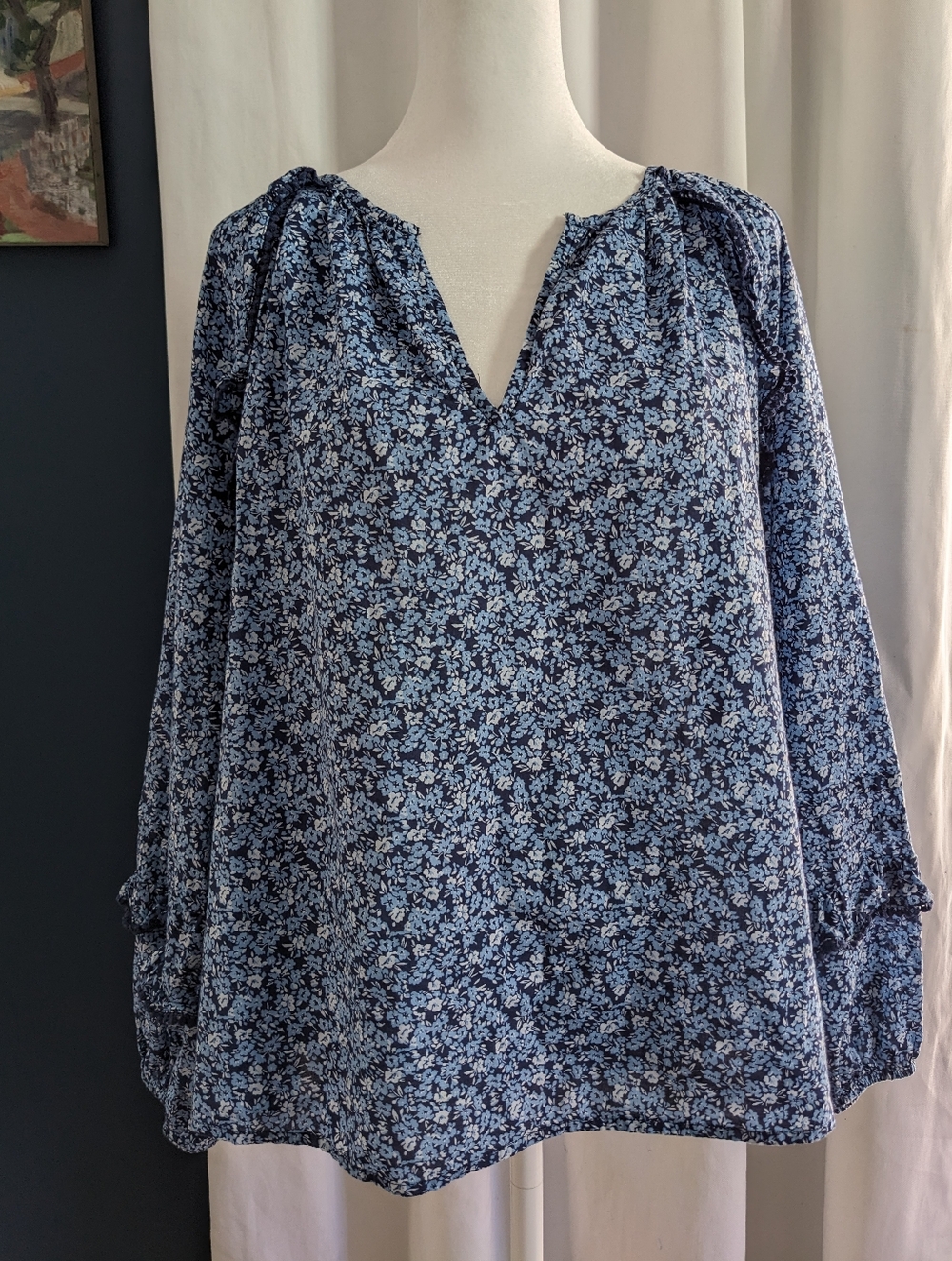 J CREW Factory Floral Ruffle Trim Peasant Top Size XL Antique Navy Blue